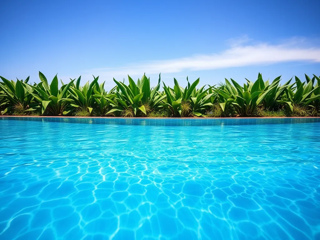 A clear saltwater pool surrounded by green plants, demonstrating the ideal environment for adding shock.