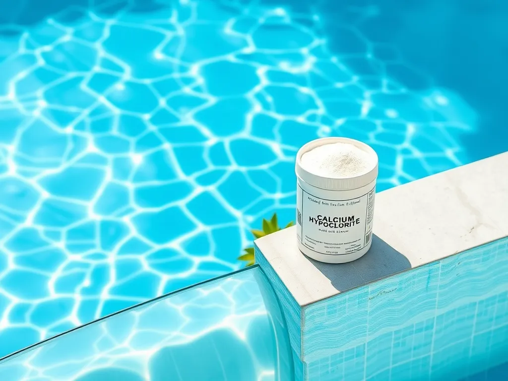 Container of calcium hypochlorite shock product near a saltwater pool.