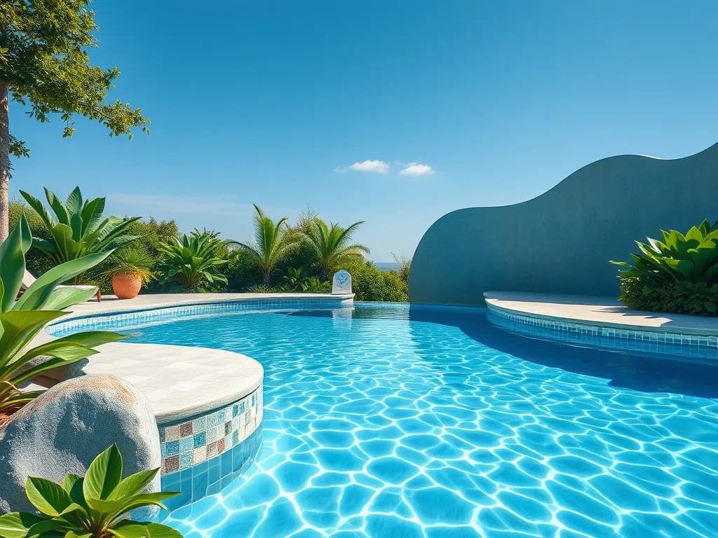 Beautiful pool at the Showboat with clear blue water and surrounding greenery.