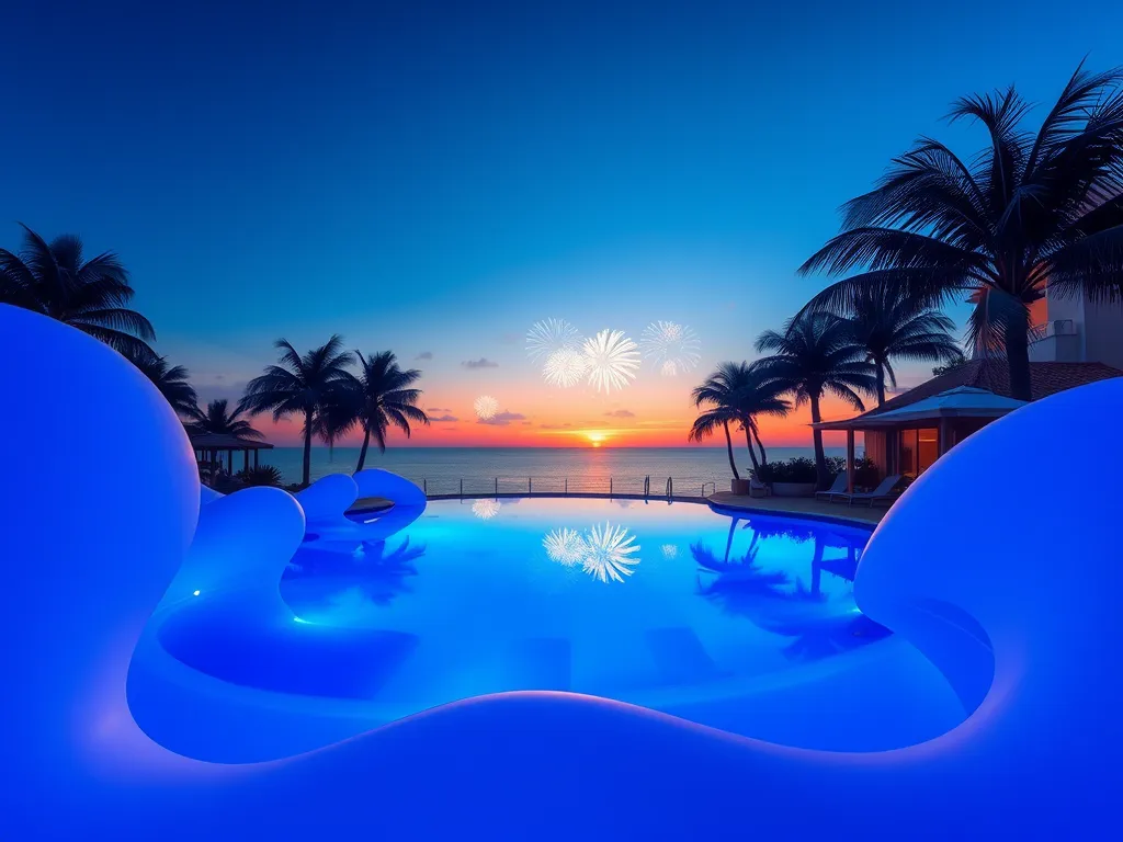 Beautiful pool view at Showboat with sunset and fireworks