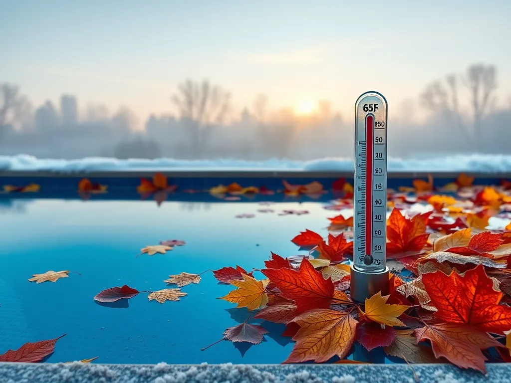 Thermometer in a pool with autumn leaves, indicating temperature for shutting down a pool for winter.