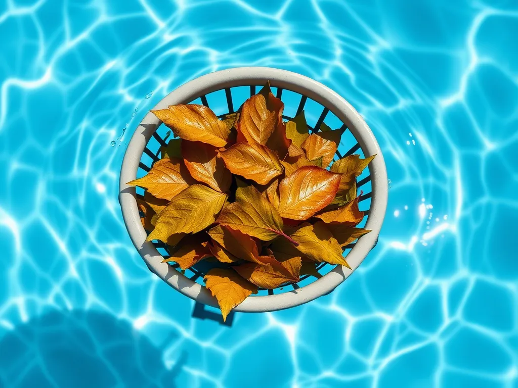 Skimmer basket filled with leaves in a pool, illustrating maintenance during vacuuming.