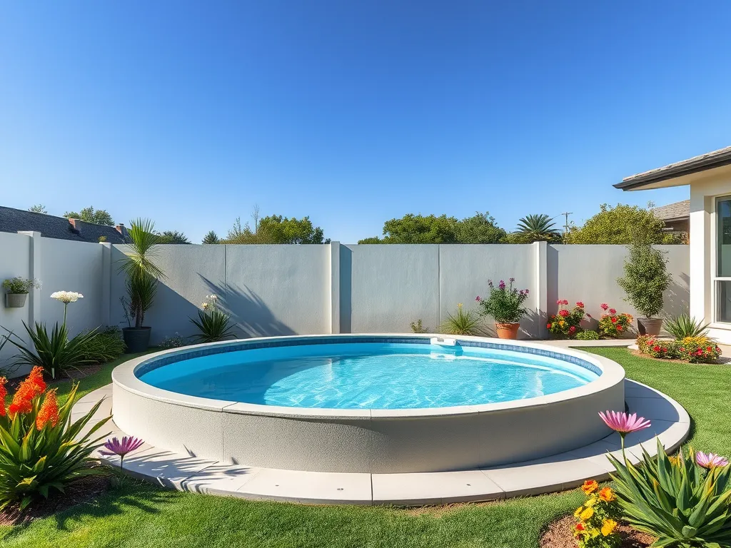 A connected modern smart pool surrounded by lush greenery and flowers.