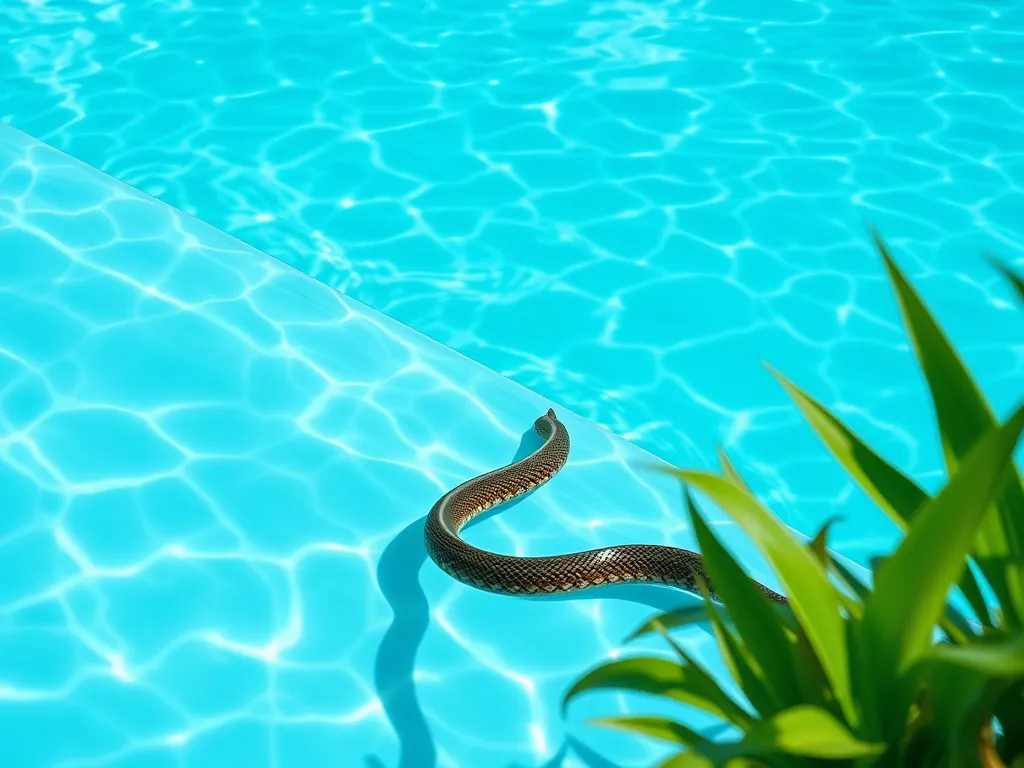 A snake near the edge of a chlorine pool, illustrating the danger of snakes in swimming areas.
