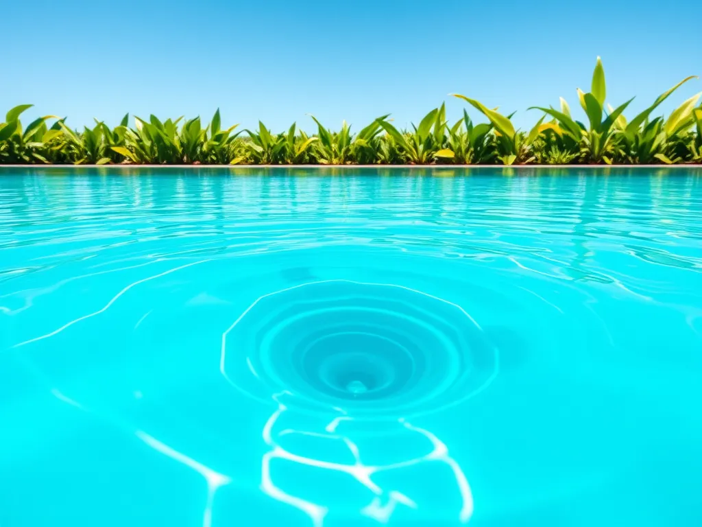 Clear blue pool water showcasing a skimmer line with plants in the background, relevant to snaking a pool skimmer line.