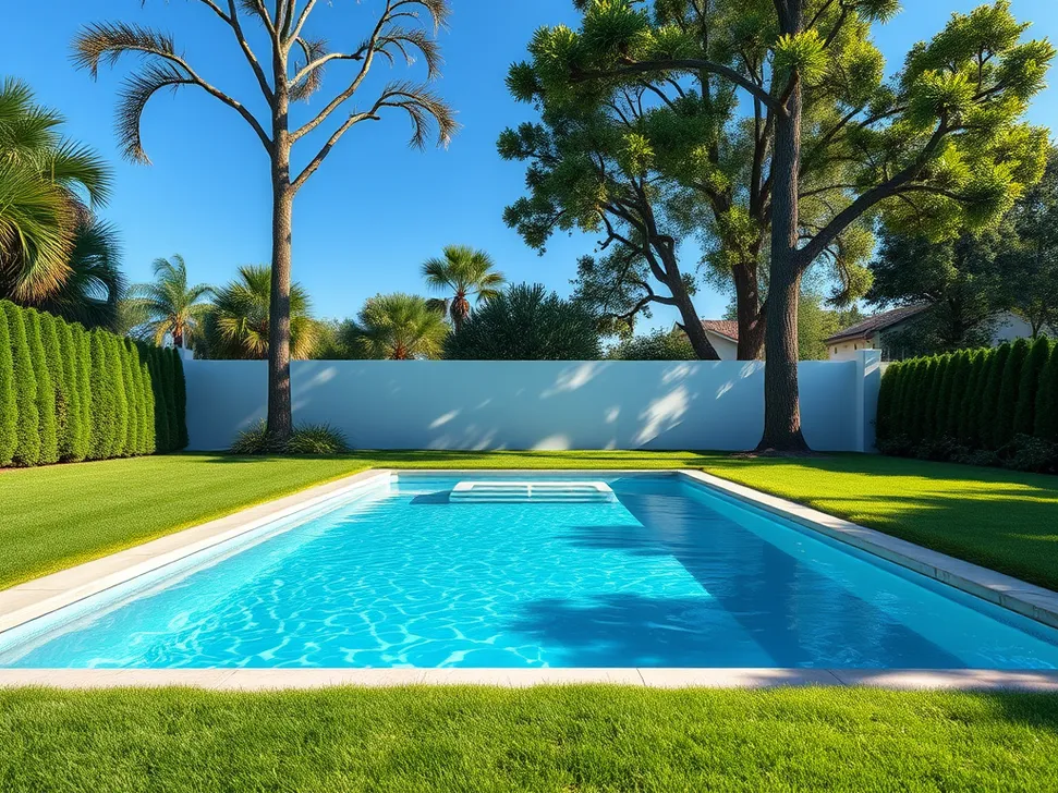 A clear chlorinated pool surrounded by grass and trees, relevant to the question of whether snakes enter chlorine pools.