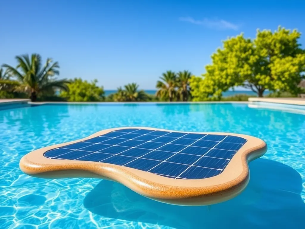 Solar cover floating on a pool while pool filter is running