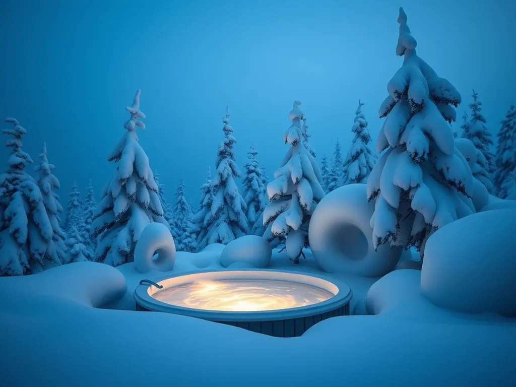 Outdoor hot tub surrounded by snowy trees, showcasing a winter pool experience at South Point.