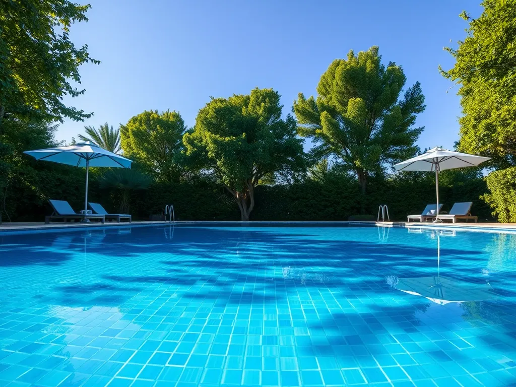 A serene pool scene with umbrellas, ideal for discussing if you can swim or tan with a spray tan.
