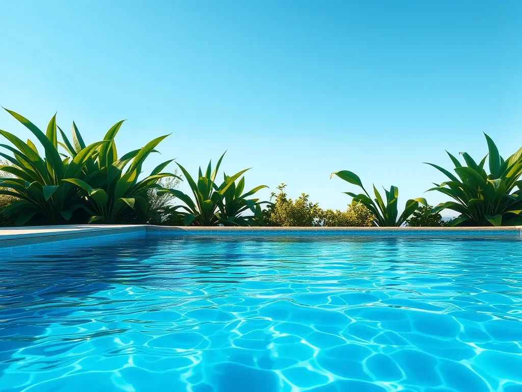 Clear blue pool surrounded by lush greenery, ideal for tanning in the shade.