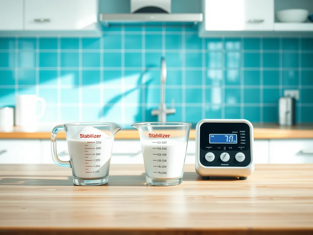 Measuring cups and digital scale used for stabilizer dosage calculation.