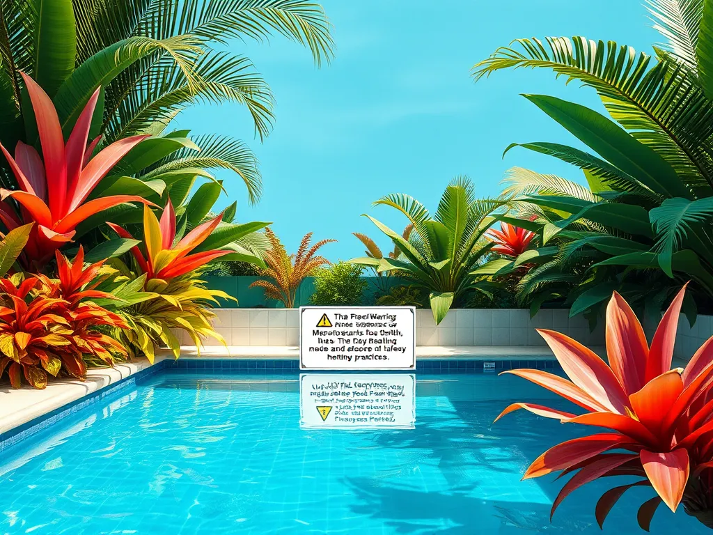 Swimming pool area with warning signs regarding health safety related to STDs.