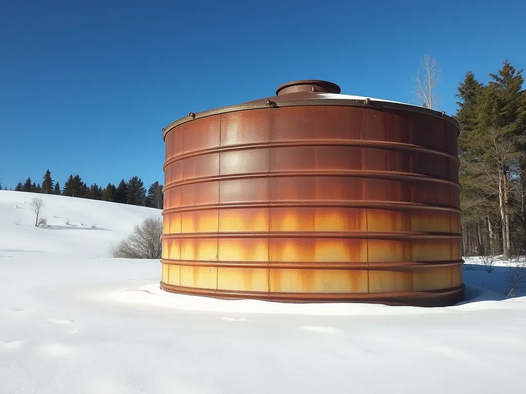 A rusted stock tank pool sitting in snow, illustrating the potential for rust in stock tank pools.