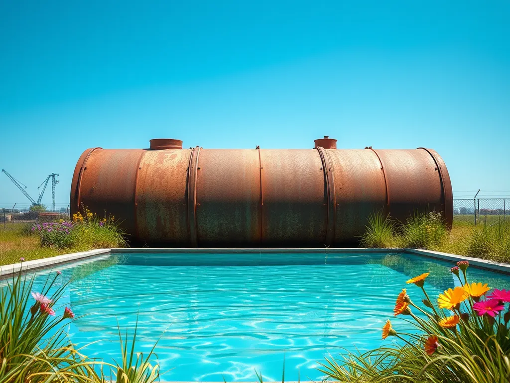 A rusted stock tank pool surrounded by flowers, illustrating potential rust issues.