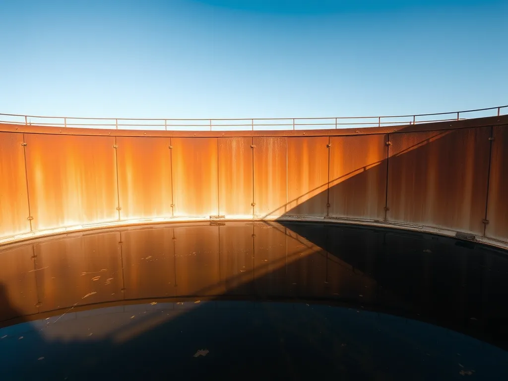 Interior view of a rusted stock tank pool illustrating rust development