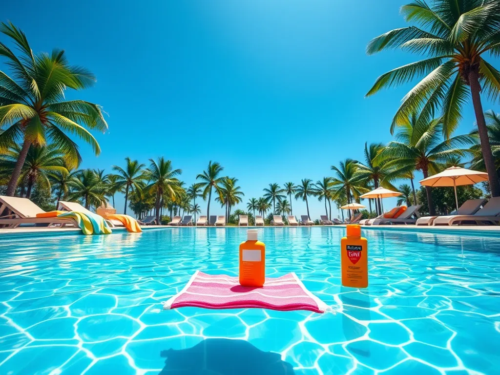 Sunscreen bottles on a beach towel beside a sparkling pool, illustrating the question of whether sunscreen washes off in water.