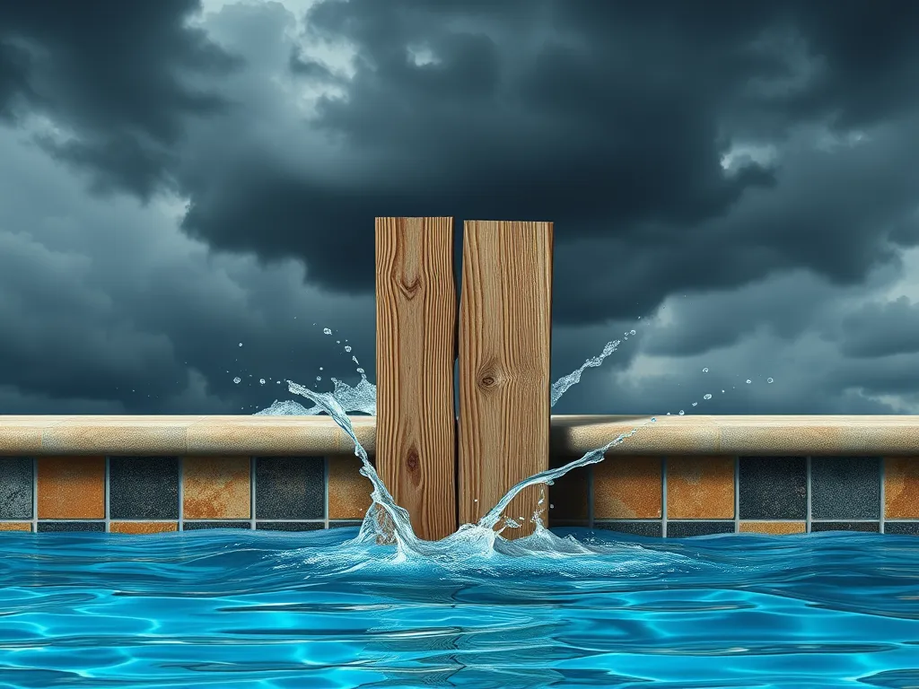 A pool with splashing water under dark storm clouds, relating to surviving a tornado in a pool.