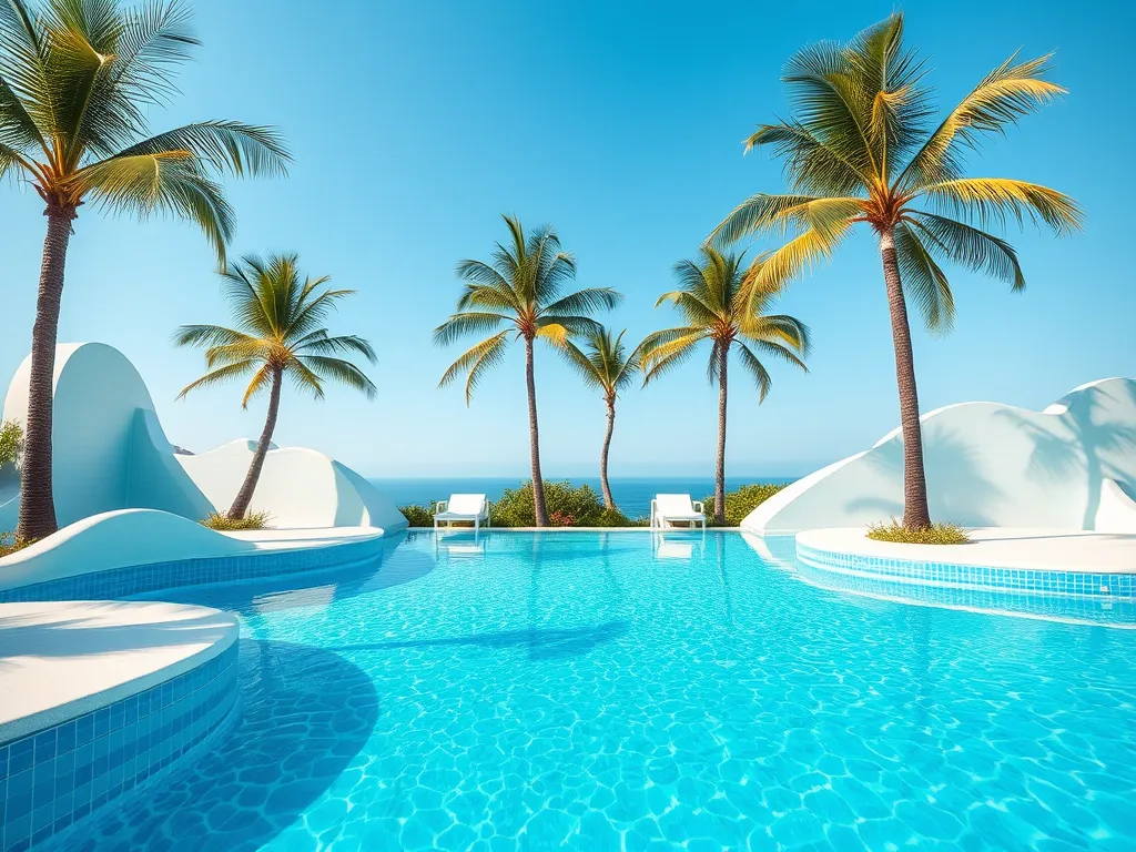 Tropical pool scene with palm trees illustrating the topic of sweating in water.