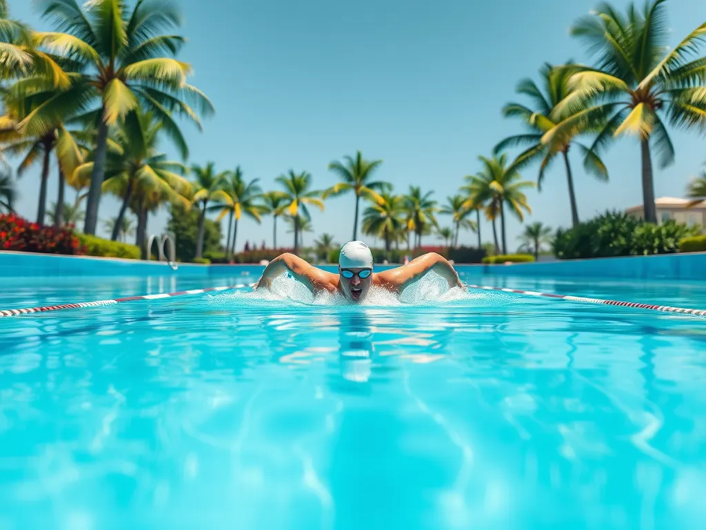 A swimmer doing laps in a sparkling blue pool surrounded by palm trees