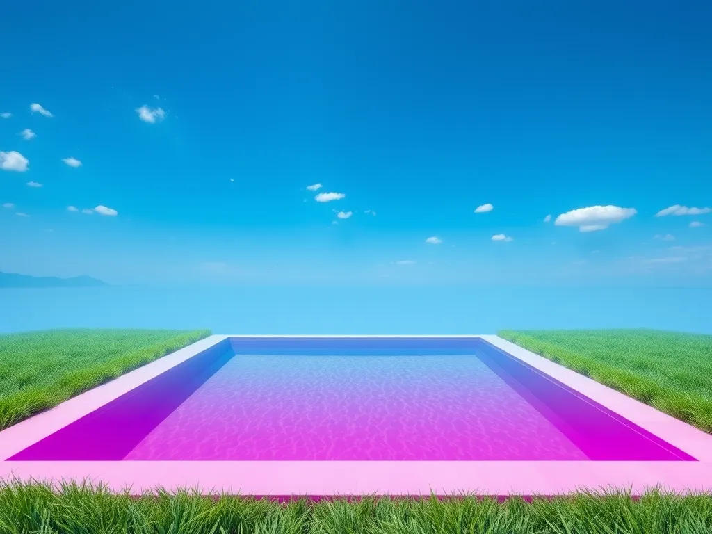 A vibrant swimming pool surrounded by grass under a clear blue sky, relevant to swimming safety after rain.