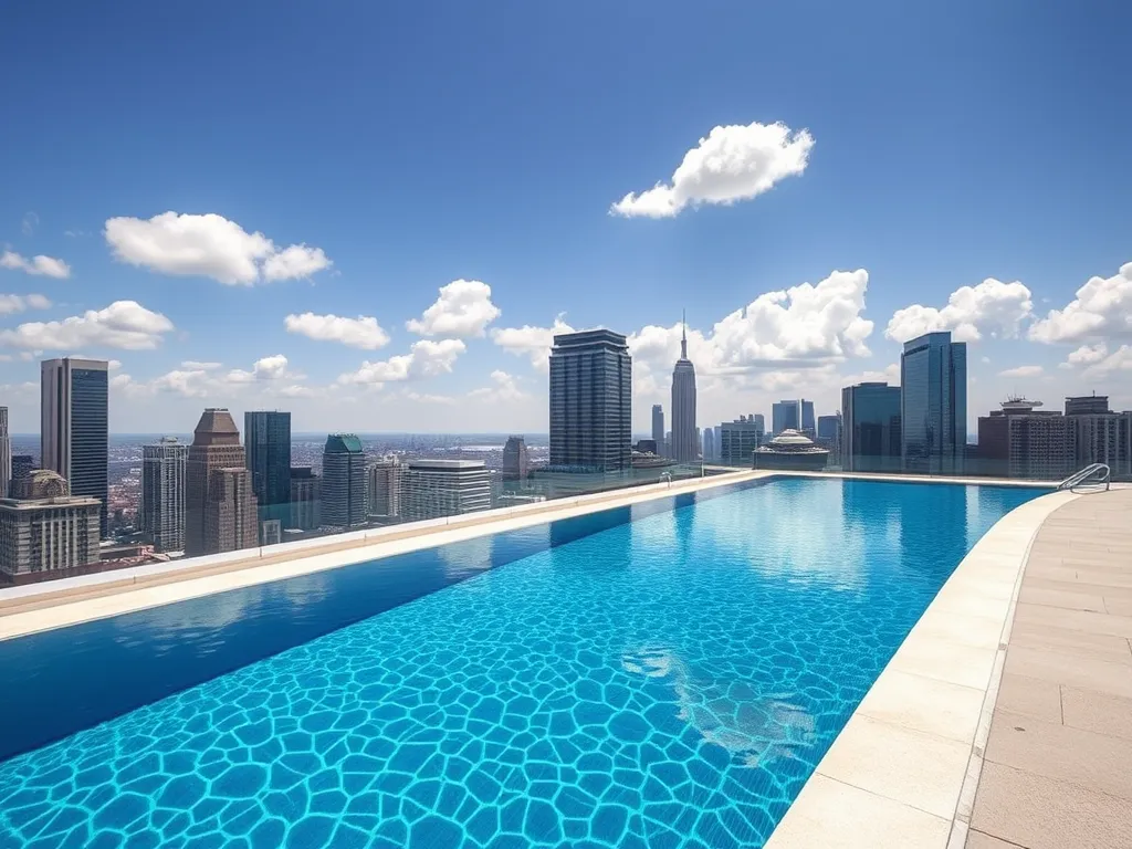 A rooftop swimming pool with clear blue water, relevant to swimming after adding baking soda or soda ash.