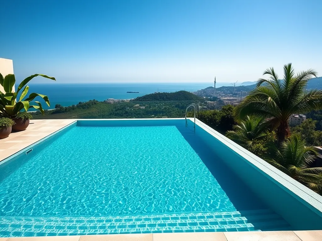 Beautiful swimming pool with low stabilizer surrounded by a scenic view