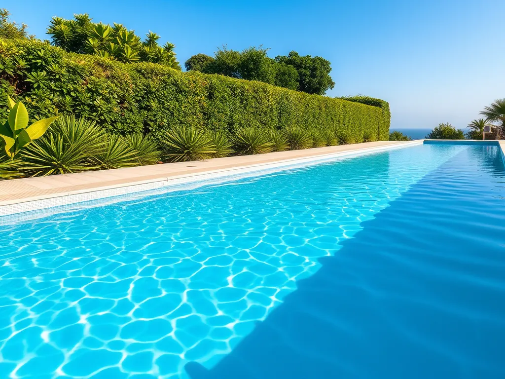 A serene swimming pool surrounded by greenery, relevant for the topic of swimming after getting new ear piercings.