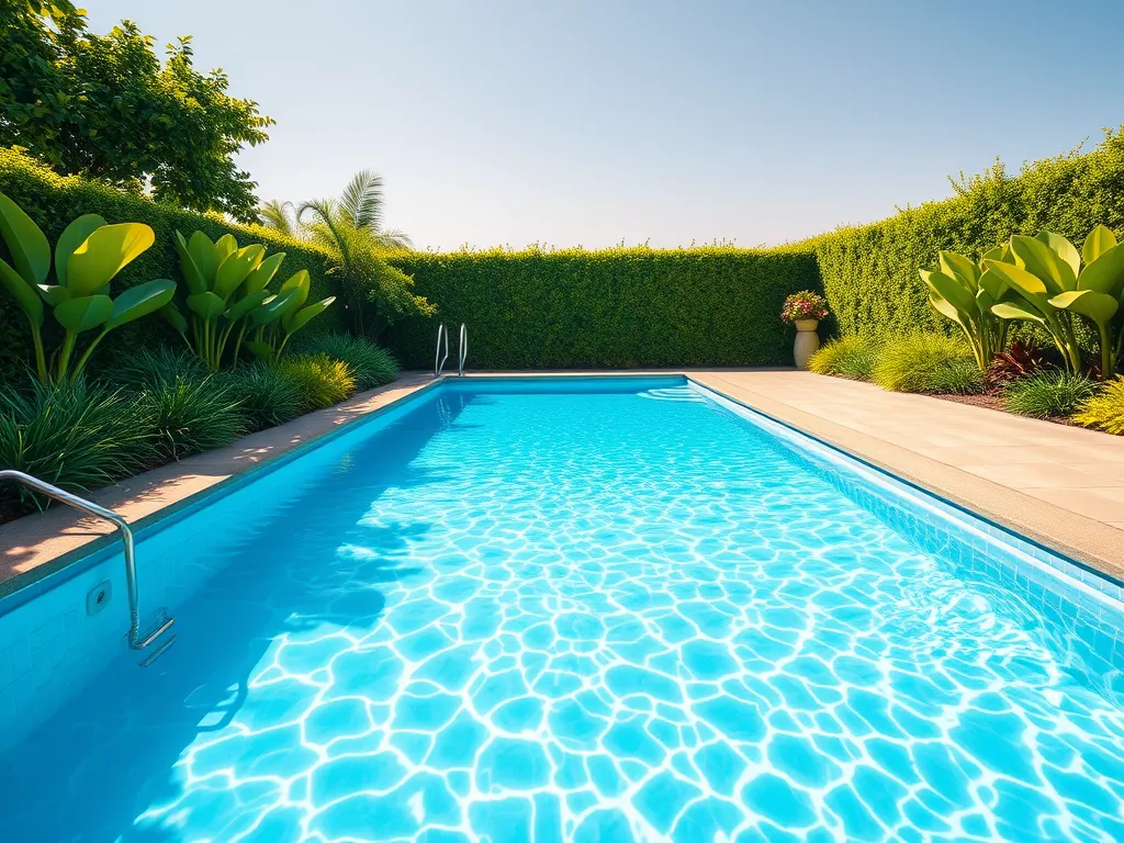 A clear swimming pool surrounded by lush greenery, related to swimming with phosphate remover.
