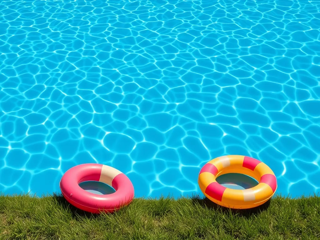 Clear swimming pool water with flotation rings, illustrating safety after adding baking soda and soda ash.