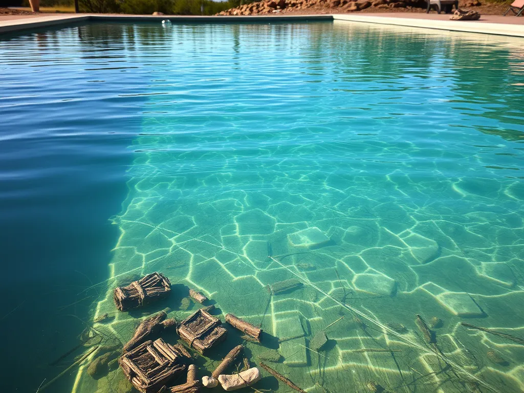 Clear pool water with flocculant settling at the bottom, illustrating swimming conditions.