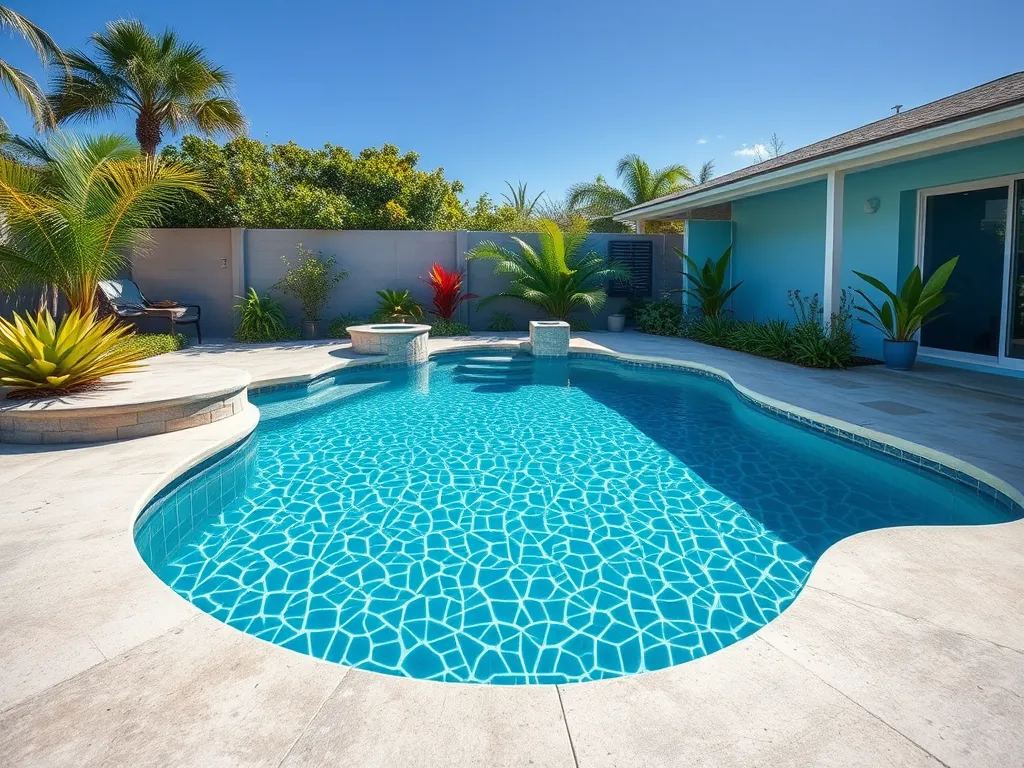 A bright pool scene showing a clear water pool surrounded by tropical plants illustrating the concept of tanning through a pool screen.