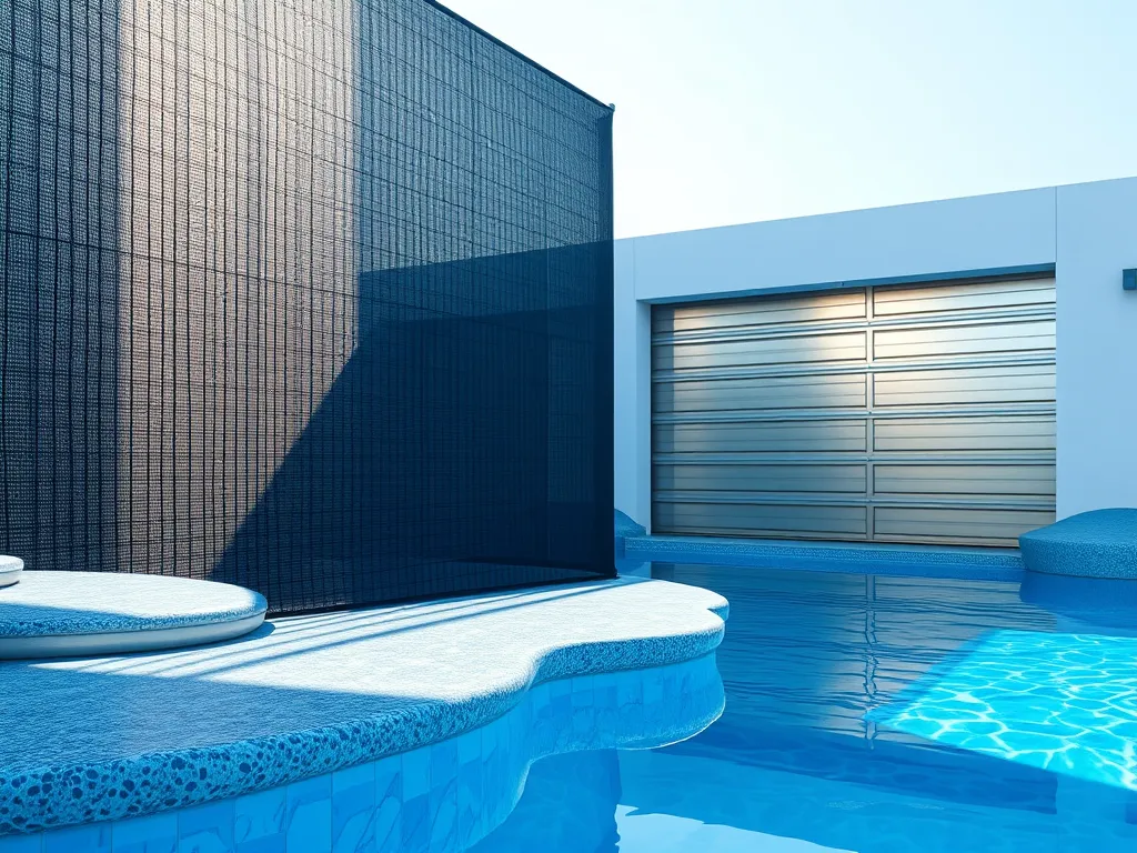 Pool area with a black screen, questioning if tanning is possible through it.