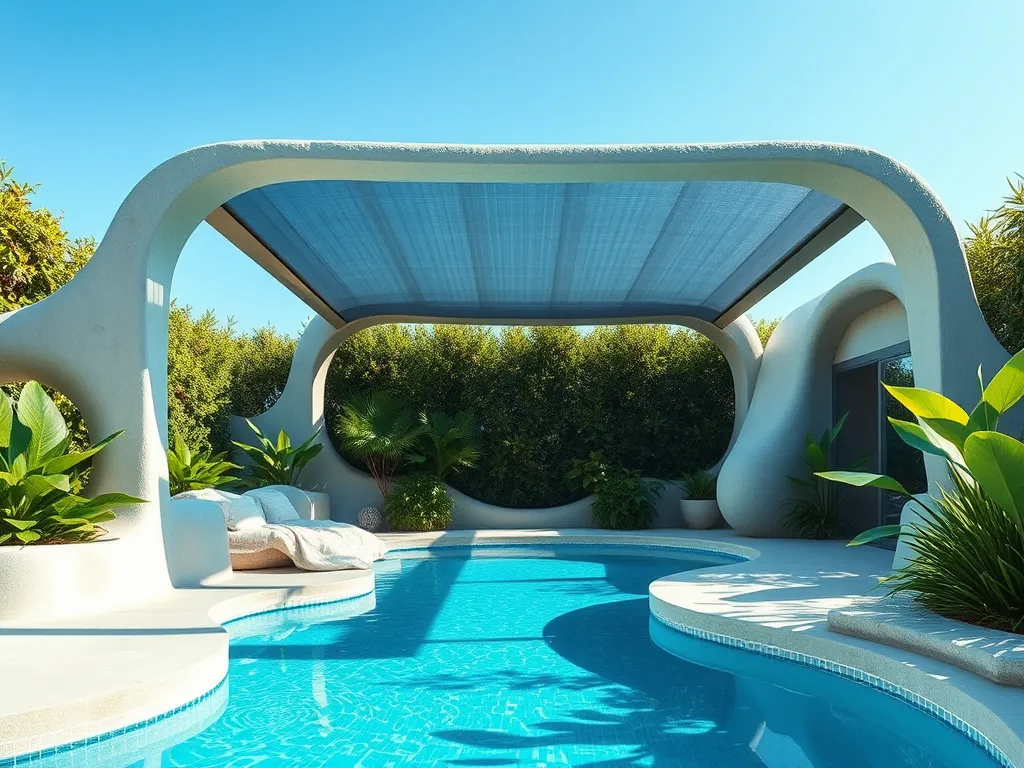 Beautiful pool area with a pool screen and sun loungers, illustrating the concept of tanning through a pool screen.