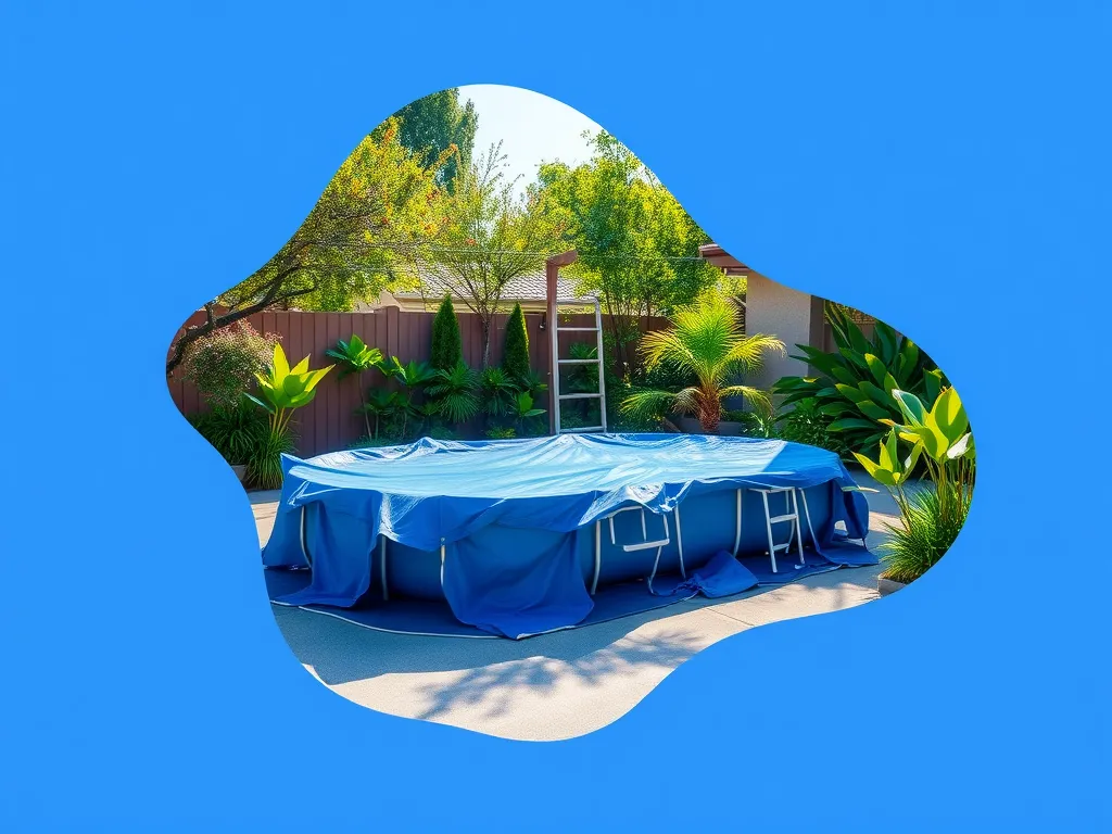 Swimming pool covered with a tarp, illustrating the importance of a tarp for pool protection.