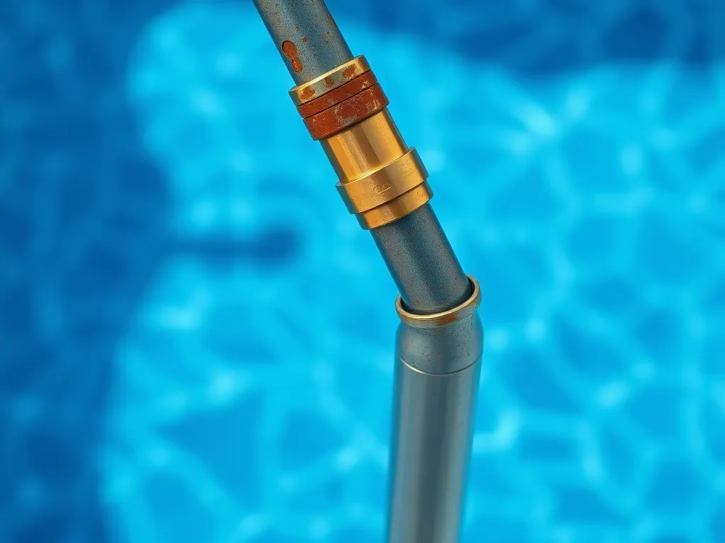 Close-up of a telescopic pole designed for use with various pool tools in a swimming pool setting.