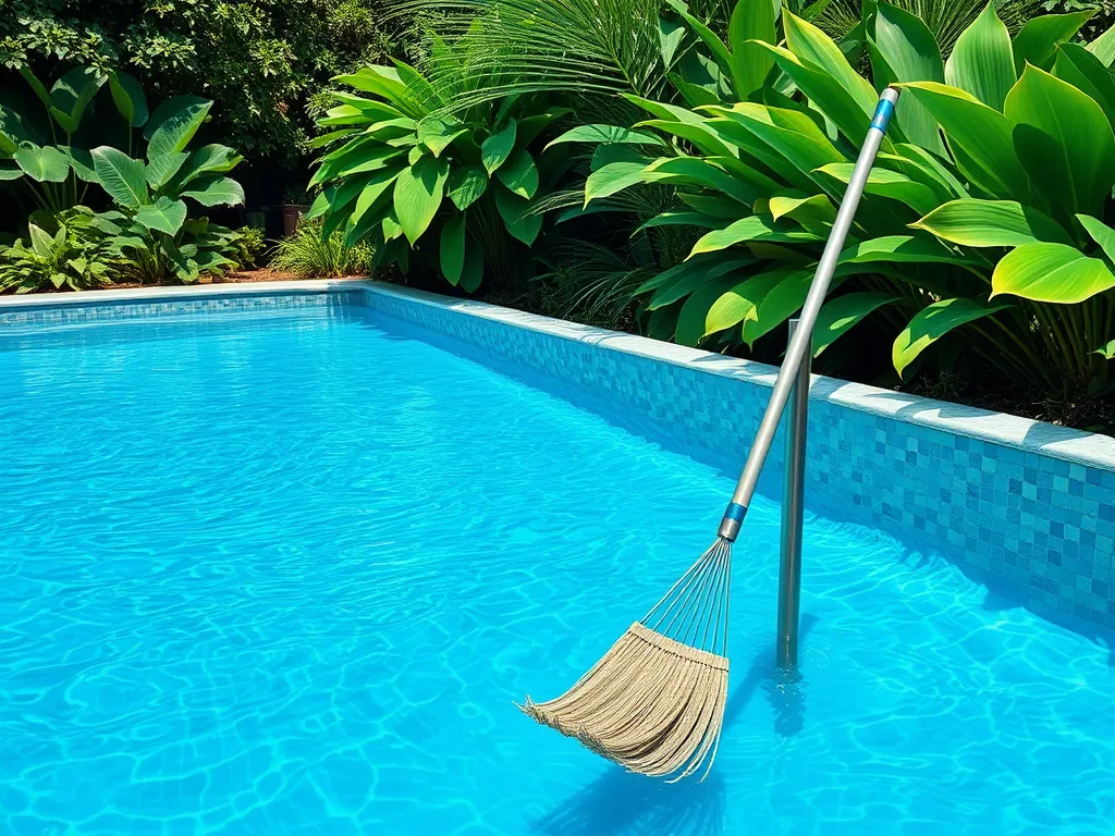 Telescopic pole with a broom tool in a swimming pool, demonstrating versatility with pool tools