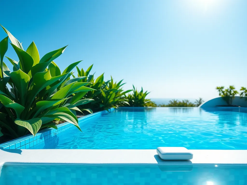 Swimming pool with test strips to measure free and total chlorine levels.