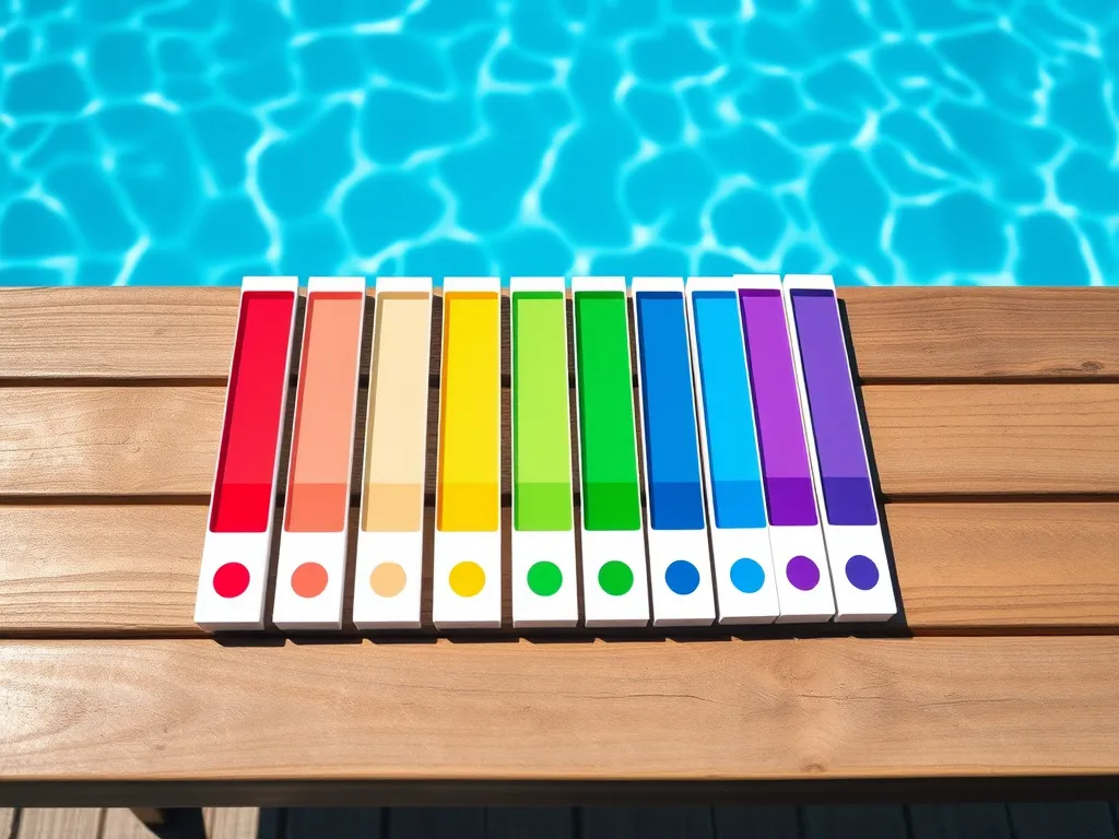 Various test strips for measuring pH, alkalinity, and sanitizer levels in pool water.