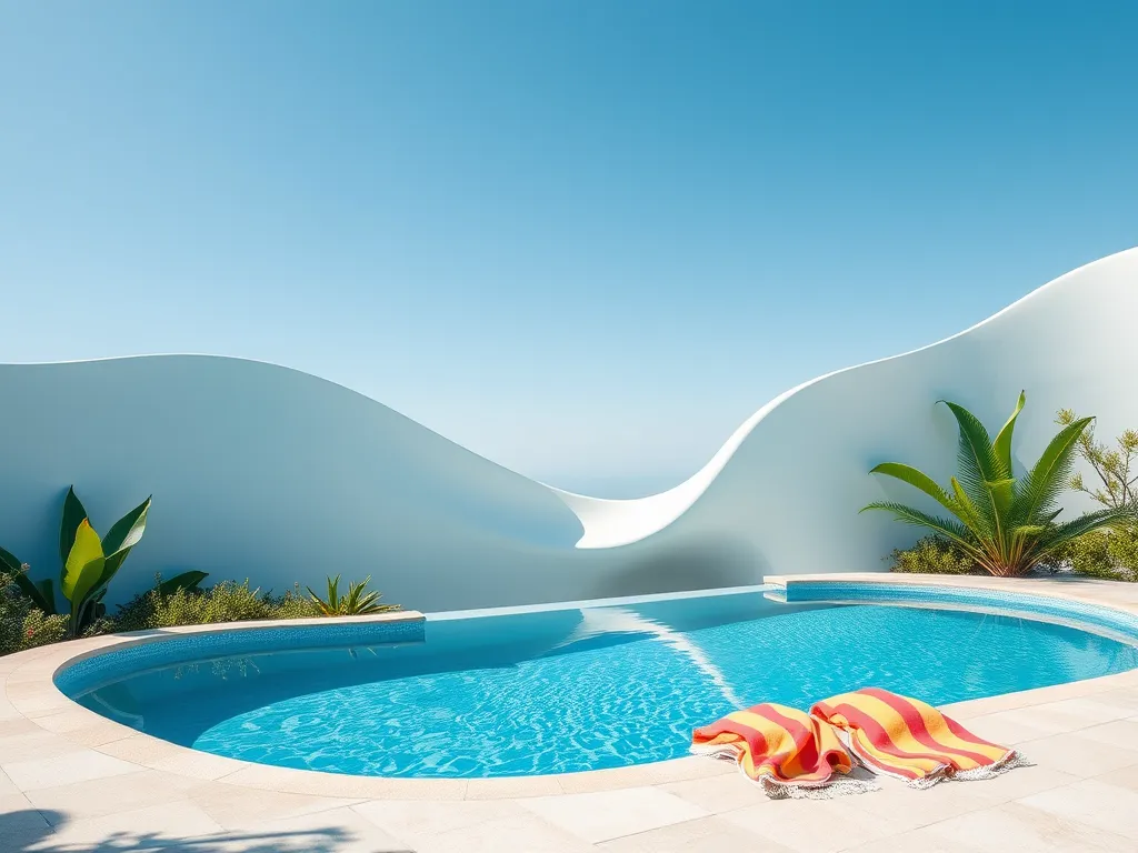 Bright swimming pool with towels, raising concerns about thrush transmission in swimming pools.