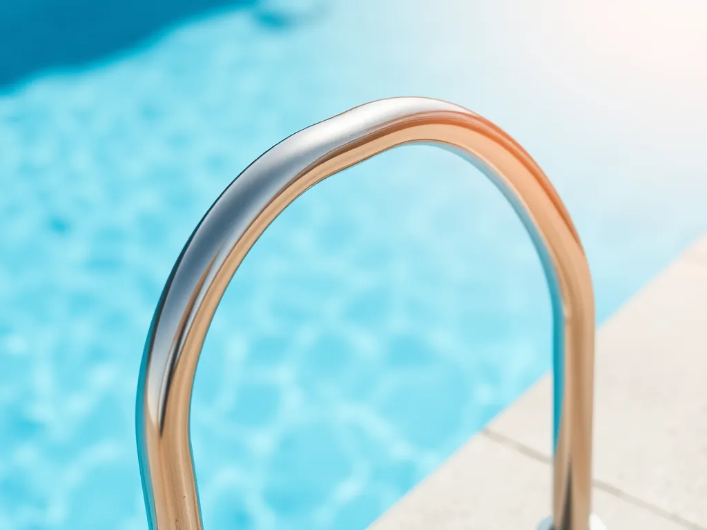 Close-up of a pool ladder in clear blue water, illustrating a potential application for a toilet autofill valve.
