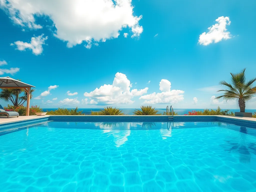 A scenic pool with blue water under a clear sky, representing the concept of surviving a tornado in a pool.