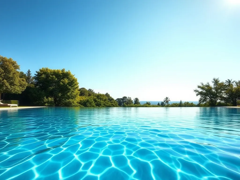 A serene swimming pool under a clear sky, discussing survival strategies for tornadoes in pools.