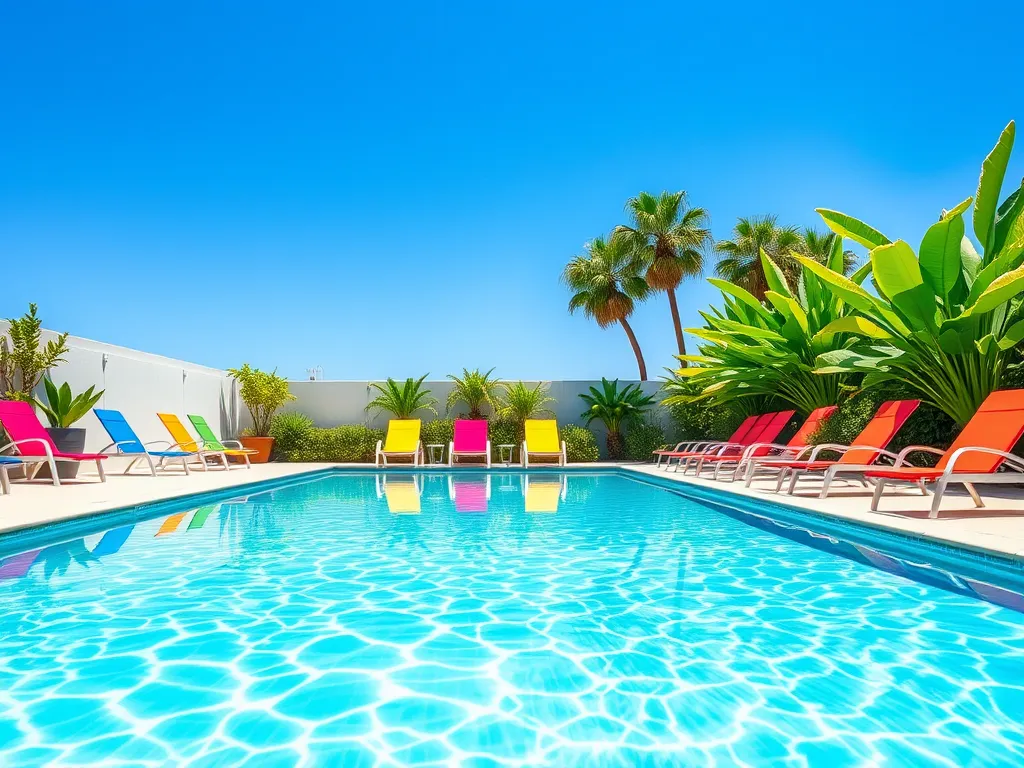 View of the pool at Treasure Island featuring colorful lounge chairs and tropical plants.