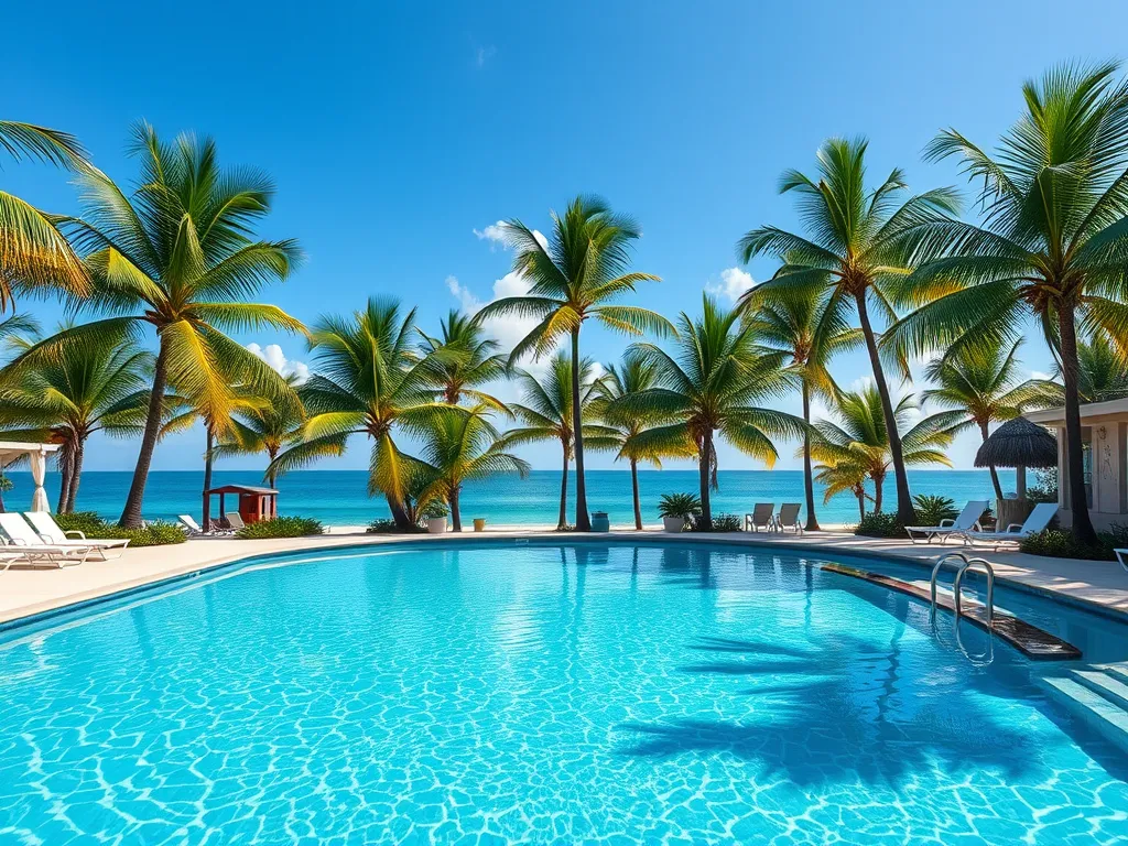 Beautiful pool at Treasure Island resort with palm trees and ocean view