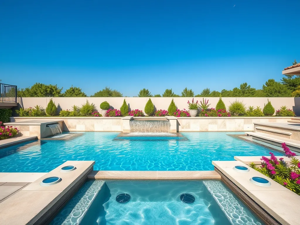 Beautiful pool area at Treasure Island with waterfall and lush landscaping
