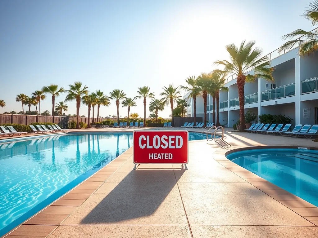 Heated pool at Treasure Island resort with a closed sign