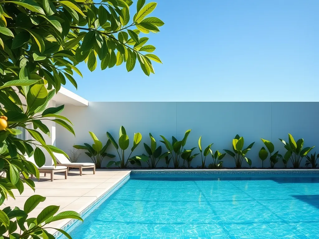 A clear swimming pool surrounded by plants, illustrating the environment where vacuuming is done and the role of the skimmer basket.