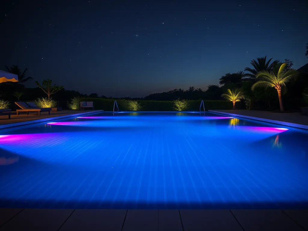 Night view of a swimming pool with colorful lights, illustrating the importance of proper pool maintenance including skimmer basket removal when vacuuming.