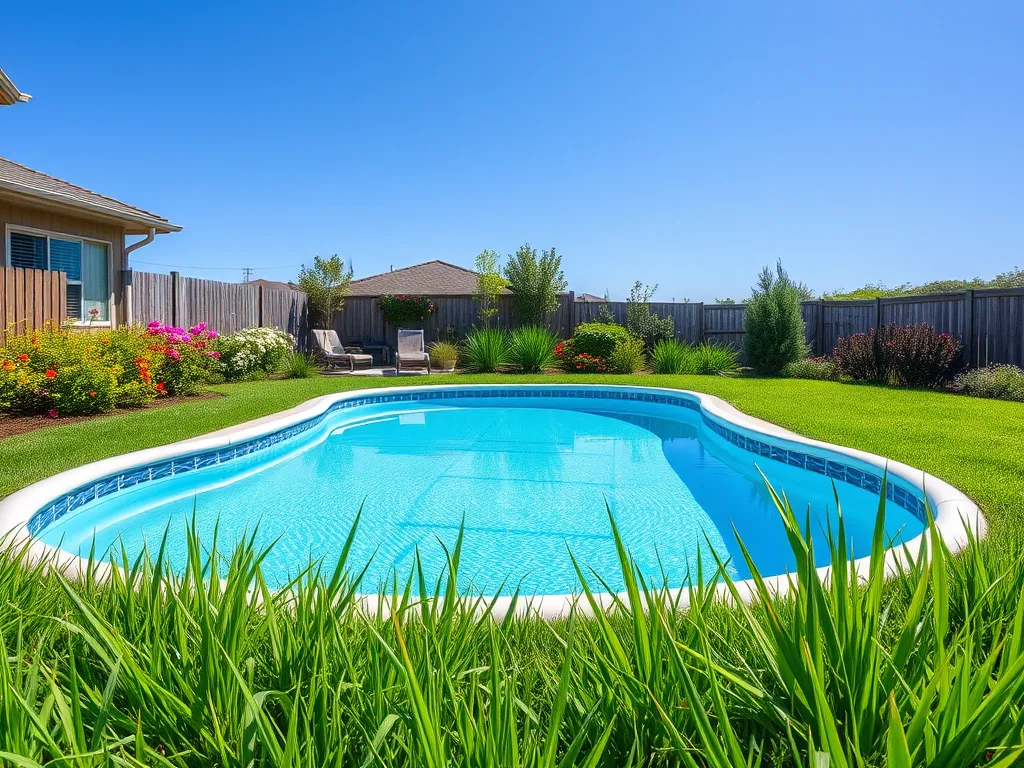 Beautiful vinyl pool in a backyard surrounded by lush greenery, illustrating the benefits of vinyl pools.