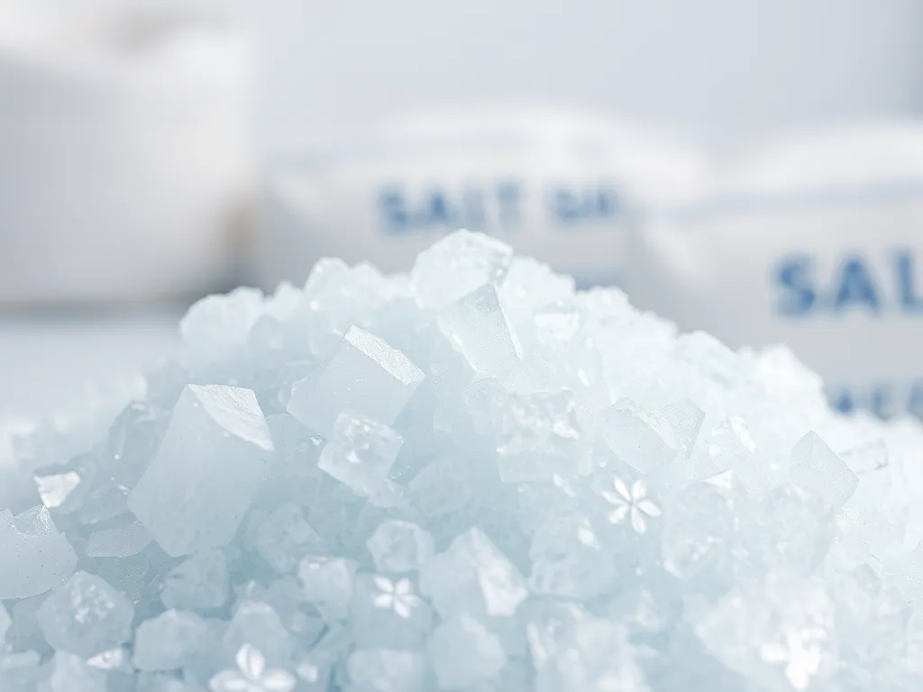 A close-up of water softener salt crystals suitable for pools, illustrating its texture and usage in saltwater pools.